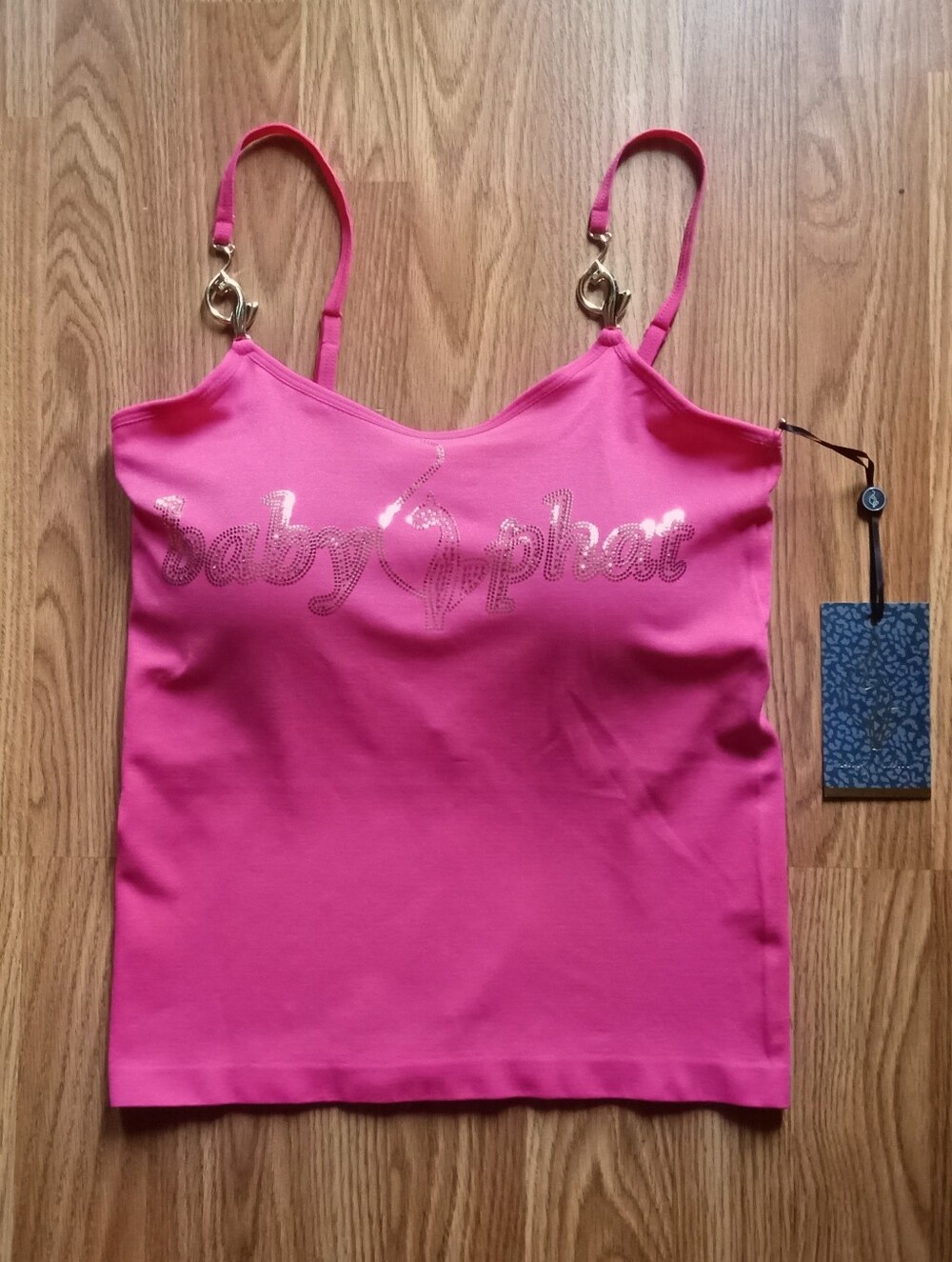 Baby Phat Bright Pink Rhinestone Logo Cami with Gold Hardware